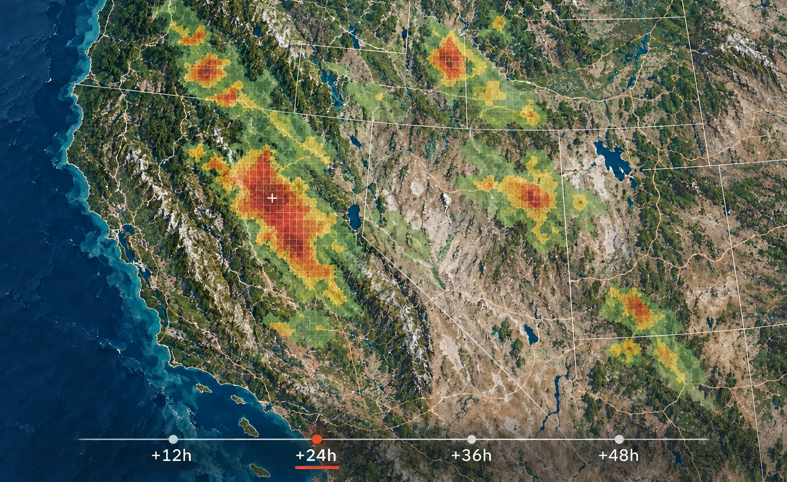 FireEye wildfire forecast map with colored risk cells over western U.S. terrain and a 12-to-48-hour forecast timeline.