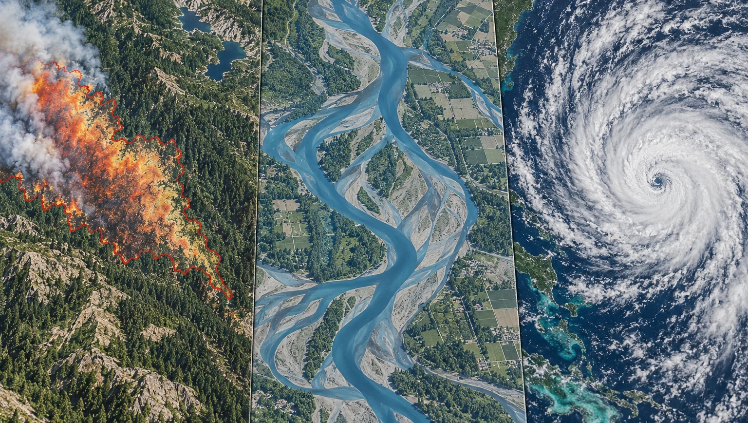 The Python statement import pyhazards appears above closely joined wildfire, floodplain, and cyclone data imagery.