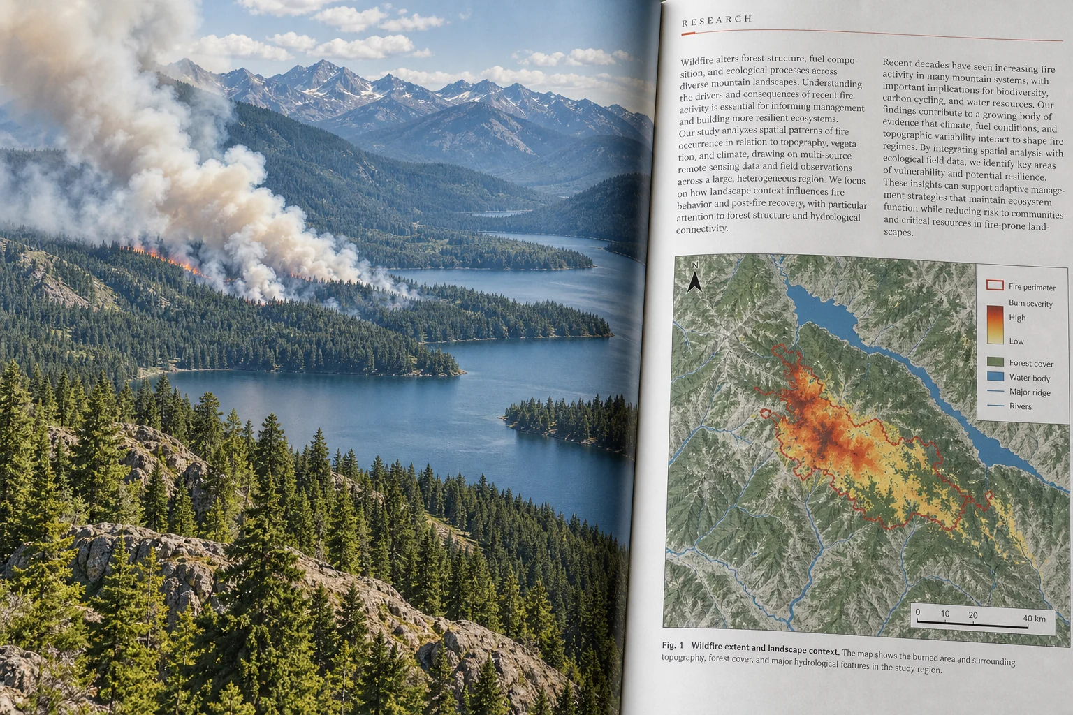 A close view of an illustrated research journal, with wildfire imagery across one page and an article and map on the other.