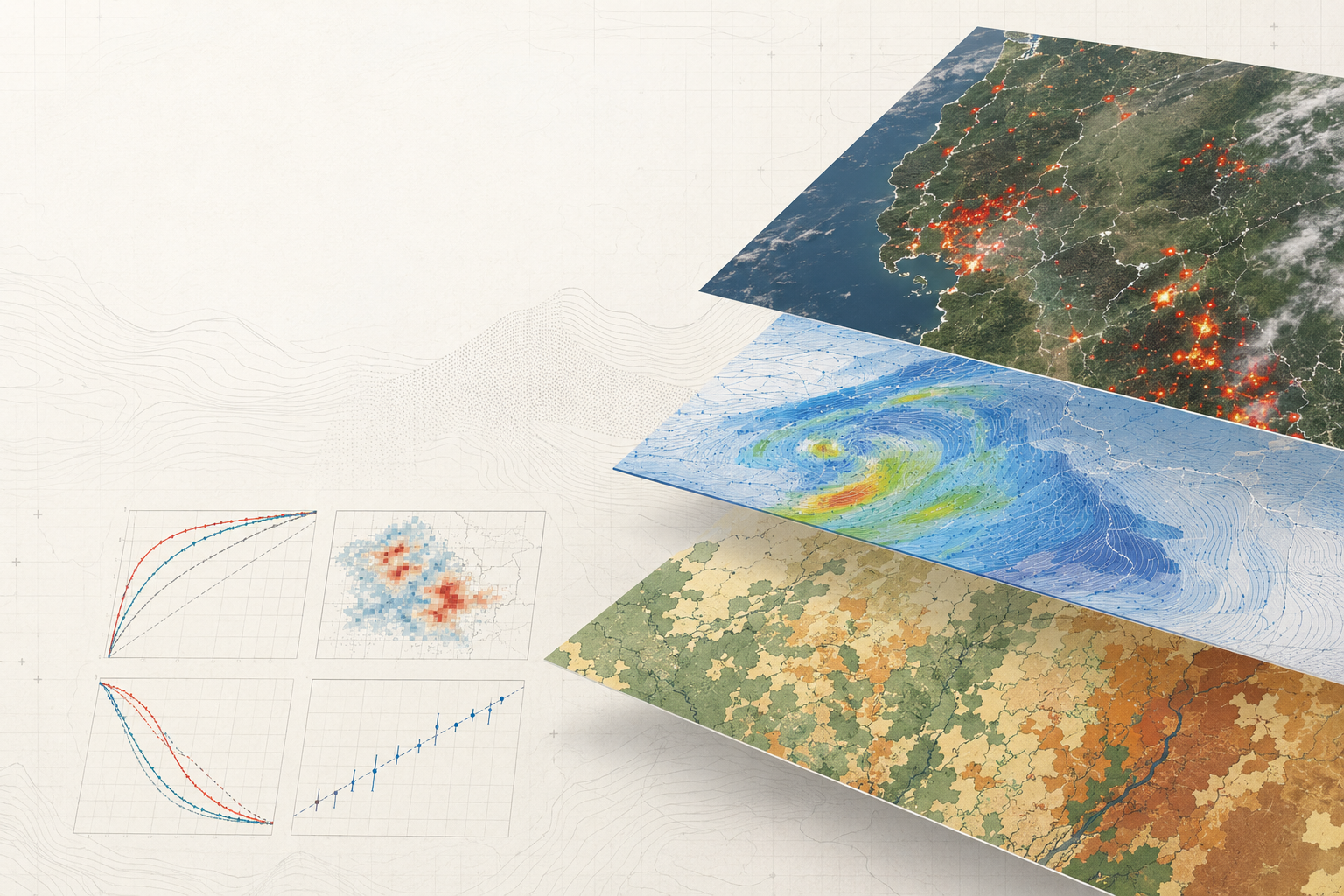 Layered wildfire AI research visual with satellite fire detections, weather, land cover, and evaluation charts