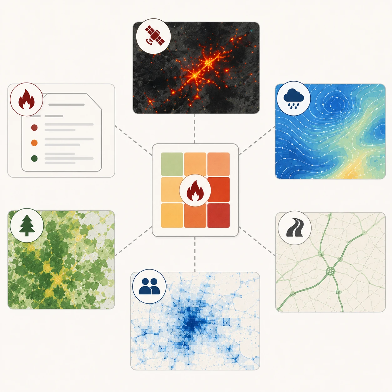 Study illustration aligning fire reports, satellite detections, weather, fuels, roads, and population.